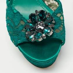 Pre Owned Dolce & Gabbana Green Lace and Satin  Keira Embellished Platform Sandals Size 41