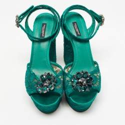 Pre Owned Dolce & Gabbana Green Lace and Satin  Keira Embellished Platform Sandals Size 41