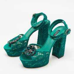 Pre Owned Dolce & Gabbana Green Lace and Satin  Keira Embellished Platform Sandals Size 41