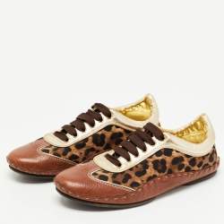 Dolce & Gabbana Brown Leather and Canvas Leopard Print Low Top Sneakers Size 40.5