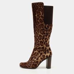 Dolce & Gabbana Brown Leopard Print Suede Knee Length Boots Size 40