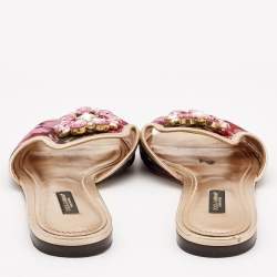 Pre Owned Dolce & Gabbana Pink Printed Fabric Crystal Embellished Sofia Flat Slides Size 38