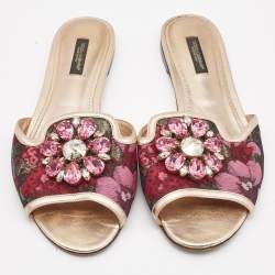 Pre Owned Dolce & Gabbana Pink Printed Fabric Crystal Embellished Sofia Flat Slides Size 38