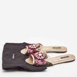 Pre Owned Dolce & Gabbana Pink Printed Fabric Crystal Embellished Sofia Flat Slides Size 38