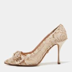 Pre Owned Dolce & Gabbana Beige Lace Crystal Embellishment Pointed Toe Pumps Size 40.5