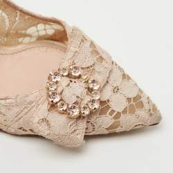 Pre Owned Dolce & Gabbana Beige Lace Crystal Embellishment Pointed Toe Pumps Size 40.5