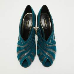 Dolce & Gabbana Teal Suede and Snakeskin Peep Toe Ankle Booties Size 38.5