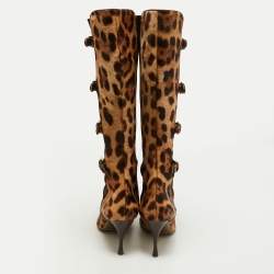 Dolce & Gabbana Brown/Brown Leopard Print Calf Hair Knee Length Boots Size 41