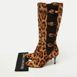 Dolce & Gabbana Brown/Brown Leopard Print Calf Hair Knee Length Boots Size 41