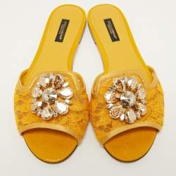 Pre Owned Dolce & Gabbana Yellow Lace Crystal Embellished Bianca Flat Slides Size 37