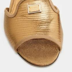 Pre Owned Dolce & Gabbana Metallic Gold Lizard Embossed Leather Flat Slides Size 39