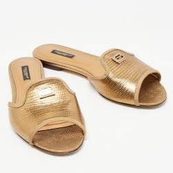 Pre Owned Dolce & Gabbana Metallic Gold Lizard Embossed Leather Flat Slides Size 39