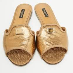 Pre Owned Dolce & Gabbana Metallic Gold Lizard Embossed Leather Flat Slides Size 39