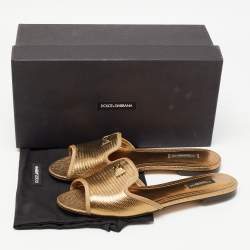 Pre Owned Dolce & Gabbana Metallic Gold Lizard Embossed Leather Flat Slides Size 39