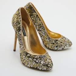مملوكة مسبقًا Dolce & Gabbana Metallic Gold/Silver Sequins Round Toe Pumps Size 36