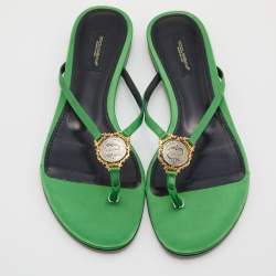 Pre Owned Dolce & Gabbana Green Satin Heritage Thong Flats Size 39