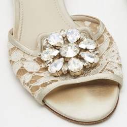 Pre Owned Dolce & Gabbana White/Grey Satin Crystal Embellishment Flat Slides Size 37   