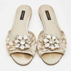 Pre Owned Dolce & Gabbana White/Grey Satin Crystal Embellishment Flat Slides Size 37   