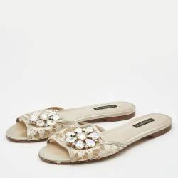 Pre Owned Dolce & Gabbana White/Grey Satin Crystal Embellishment Flat Slides Size 37   