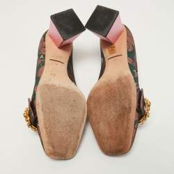Pre Owned Dolce & Gabbana Green/Pink Floral Brocade Fabric Embellished Block Heel Pumps Size 39