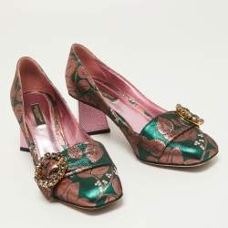 Pre Owned Dolce & Gabbana Green/Pink Floral Brocade Fabric Embellished Block Heel Pumps Size 39