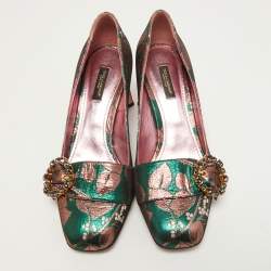 Pre Owned Dolce & Gabbana Green/Pink Floral Brocade Fabric Embellished Block Heel Pumps Size 39