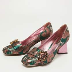 Pre Owned Dolce & Gabbana Green/Pink Floral Brocade Fabric Embellished Block Heel Pumps Size 39