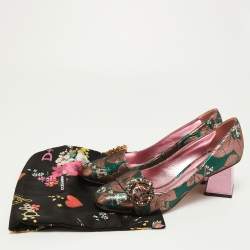 Pre Owned Dolce & Gabbana Green/Pink Floral Brocade Fabric Embellished Block Heel Pumps Size 39