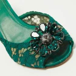 Pre Owned Dolce & Gabbana Green Lace and Mesh  Keria Crystal Embellished Slide Sandals Size 39