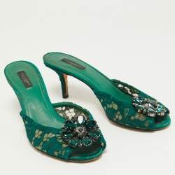 Pre Owned Dolce & Gabbana Green Lace and Mesh  Keria Crystal Embellished Slide Sandals Size 39