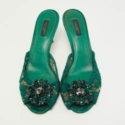 Pre Owned Dolce & Gabbana Green Lace and Mesh  Keria Crystal Embellished Slide Sandals Size 39