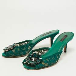 Pre Owned Dolce & Gabbana Green Lace and Mesh  Keria Crystal Embellished Slide Sandals Size 39
