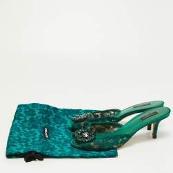 Pre Owned Dolce & Gabbana Green Lace and Mesh  Keria Crystal Embellished Slide Sandals Size 39