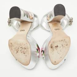 Pre Owned Dolce & Gabbana Silver Knotted Leather Floral Print Platform Ankle Strap Sandals Size 39