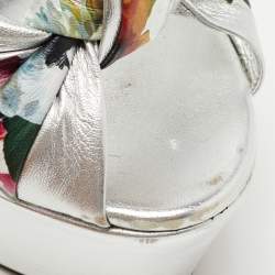 Pre Owned Dolce & Gabbana Silver Knotted Leather Floral Print Platform Ankle Strap Sandals Size 39