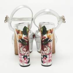 Pre Owned Dolce & Gabbana Silver Knotted Leather Floral Print Platform Ankle Strap Sandals Size 39