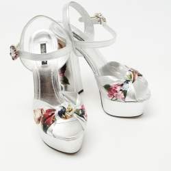 Pre Owned Dolce & Gabbana Silver Knotted Leather Floral Print Platform Ankle Strap Sandals Size 39