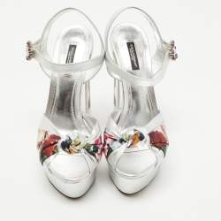 Pre Owned Dolce & Gabbana Silver Knotted Leather Floral Print Platform Ankle Strap Sandals Size 39