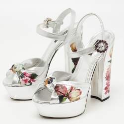 Pre Owned Dolce & Gabbana Silver Knotted Leather Floral Print Platform Ankle Strap Sandals Size 39