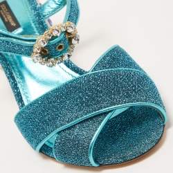 Pre Owned Dolce & Gabbana Blue Lurex Fabric and Leather Block Heel Sandals Size 39