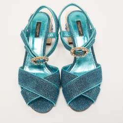 Pre Owned Dolce & Gabbana Blue Lurex Fabric and Leather Block Heel Sandals Size 39