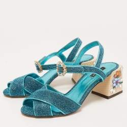 Pre Owned Dolce & Gabbana Blue Lurex Fabric and Leather Block Heel Sandals Size 39
