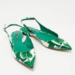 Pre Owned Dolce & Gabbana Green/White Printed Patent Leather Slingback Flats Size 41