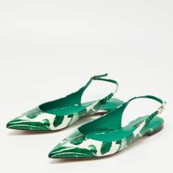 Pre Owned Dolce & Gabbana Green/White Printed Patent Leather Slingback Flats Size 41
