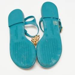 Pre Owned Dolce & Gabbana Teal Rubber Crystal Embellished Thong Flat Sandals Size 38