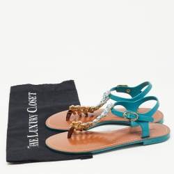 Pre Owned Dolce & Gabbana Teal Rubber Crystal Embellished Thong Flat Sandals Size 38