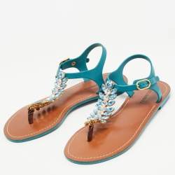 Pre Owned Dolce & Gabbana Teal Rubber Crystal Embellished Thong Flat Sandals Size 38