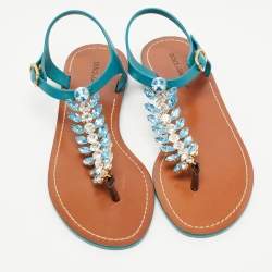 Pre Owned Dolce & Gabbana Teal Rubber Crystal Embellished Thong Flat Sandals Size 38