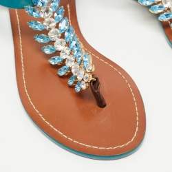 Pre Owned Dolce & Gabbana Teal Rubber Crystal Embellished Thong Flat Sandals Size 38