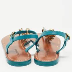 Pre Owned Dolce & Gabbana Teal Rubber Crystal Embellished Thong Flat Sandals Size 38